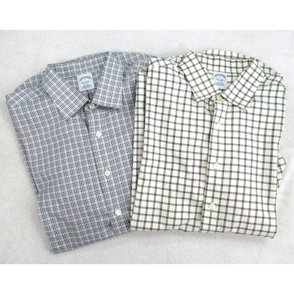 2-Pack Brooks Brothers Shirt Men's Large Long Slv Button Down Plaid Blue Ivory